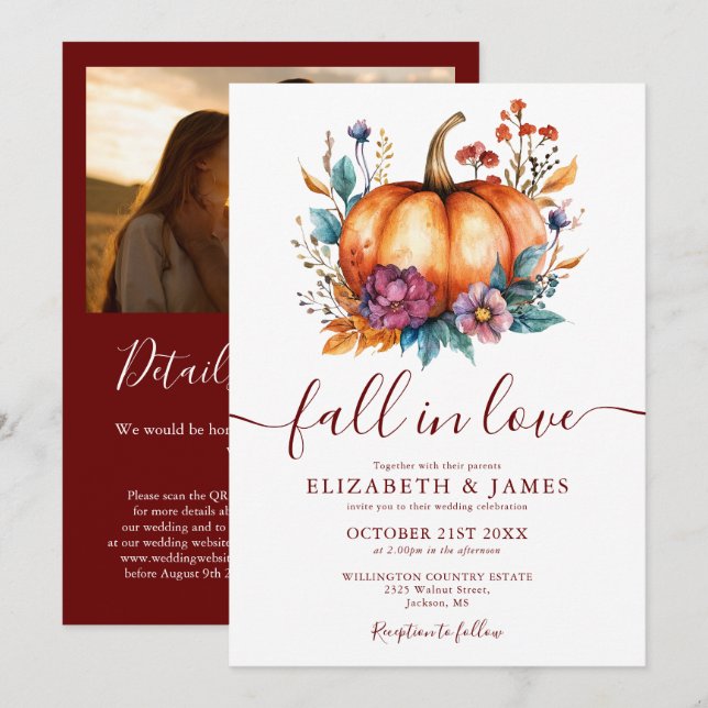 Burgundy Fall In Love Pumpkin Photo QR Wedding Invitation (Front/Back)