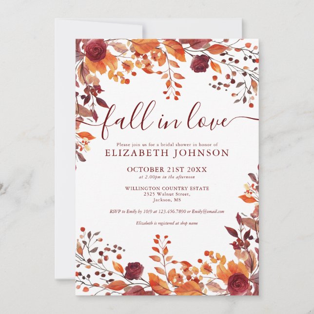 Burgundy Fall In Love QR Code Bridal Shower  Invitation (Front)