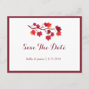 Burgundy Fall Leafs Wedding Save The Date Postcard
