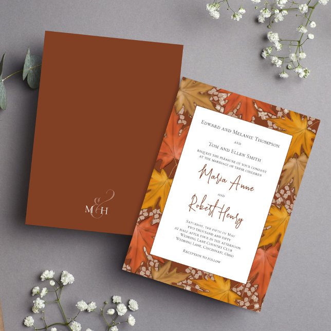 Burgundy Fall Leaves Watercolor Wedding  Invitation (Burgundy watercolor fall leaves elegant wedding invitation)