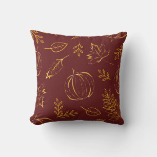 Burgundy Fall Pumpkins & Leaves Pattern Cushion