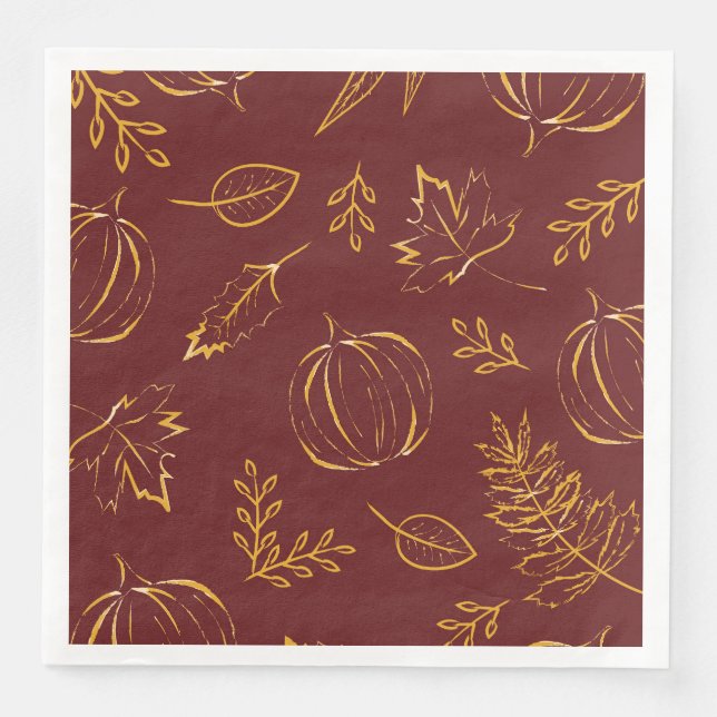 Burgundy Fall Pumpkins & Leaves Thanksgiving Napkin (Front)
