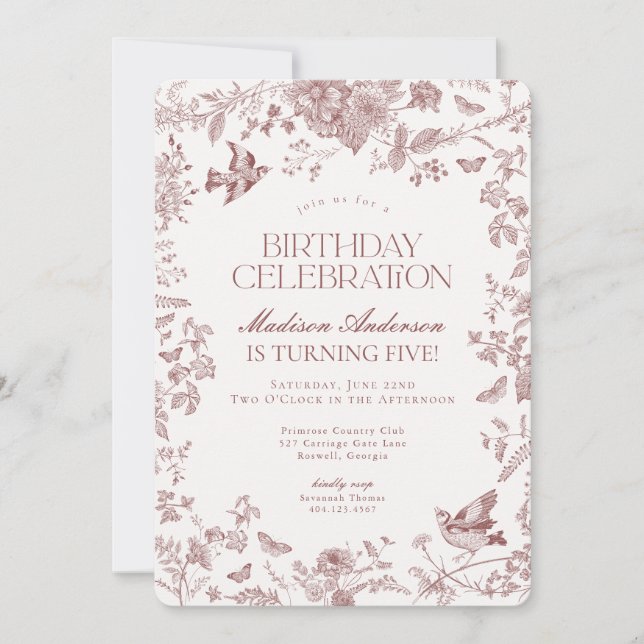 Burgundy Fall Toile De Jouy Floral Birthday Party Invitation (Front)