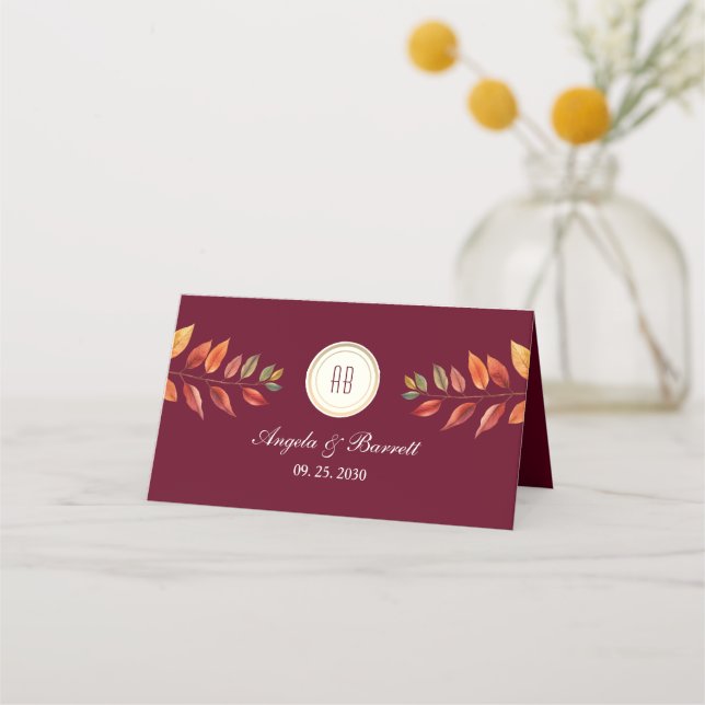 Burgundy Fall Wedding Place Card (Back)