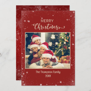 Burgundy Family Photo Snowflake Flat Holiday Card