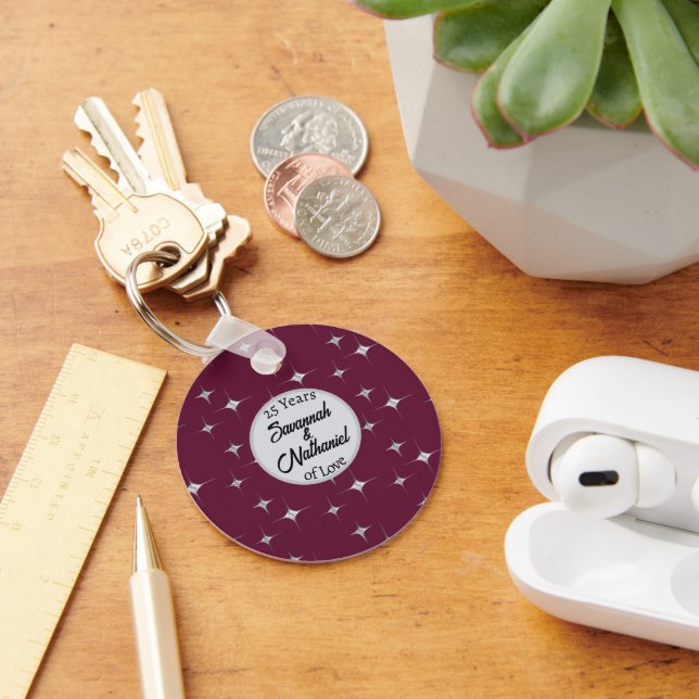 Burgundy Fancy Anniversary Custom Couple Name Key Ring (Desk)