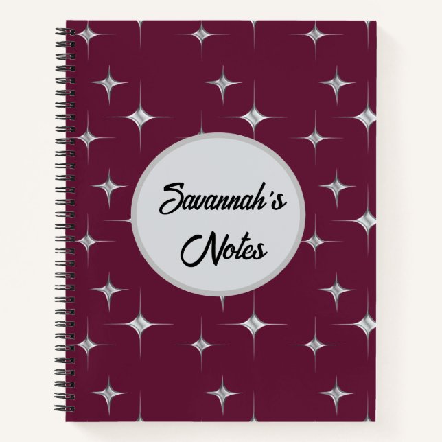 Burgundy Fancy Faux Diamond Design Custom Name Notebook (Front)