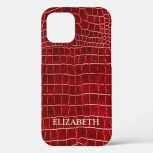 Burgundy Faux Crocodile Leather Personalised Name iPhone 12 Case