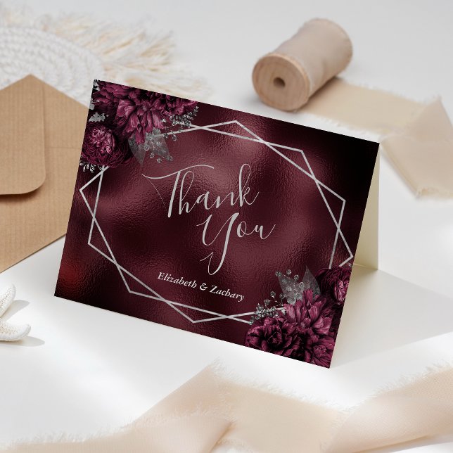 Burgundy Faux Foil Floral Silver Geometric Wedding Thank You Card (Creator Uploaded)
