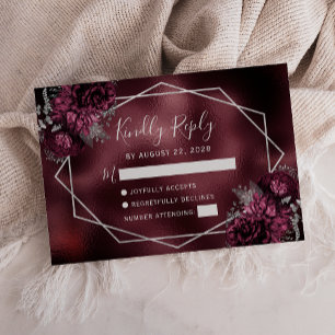 Burgundy Faux Foil Silver Floral Frame RSVP Card