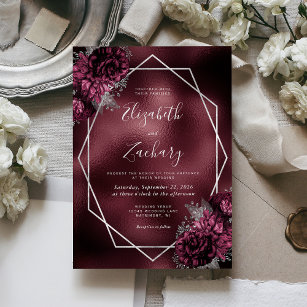 Burgundy Faux Foil Silver Frame Floral Wedding Invitation