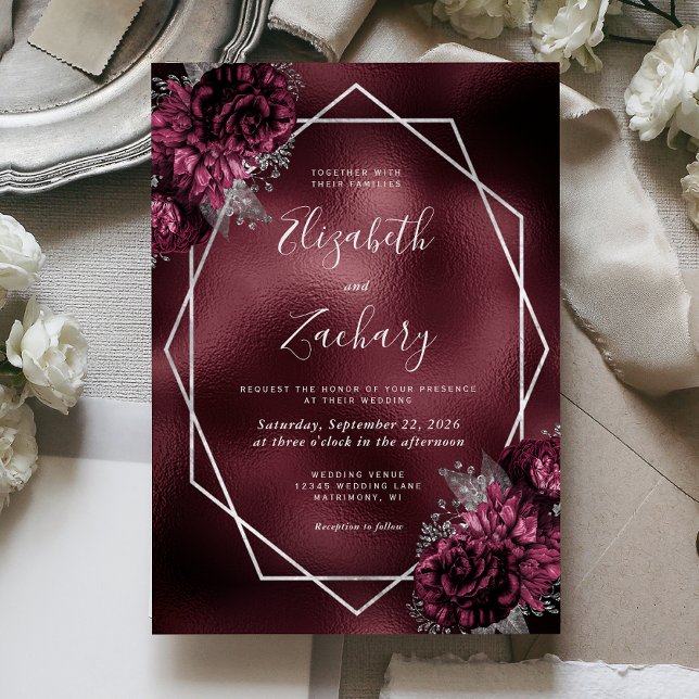 Burgundy Faux Foil Silver Frame Floral Wedding Invitation (Creator Uploaded)