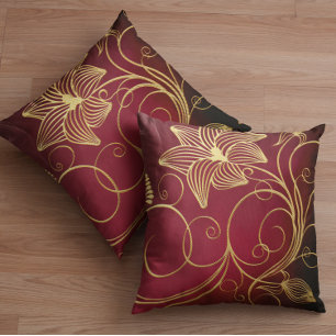 Burgundy Faux Gold Foil Floral Cushion