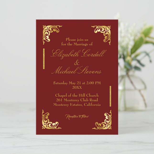 Burgundy Faux Gold Script Wedding Invitation (Standing Front)
