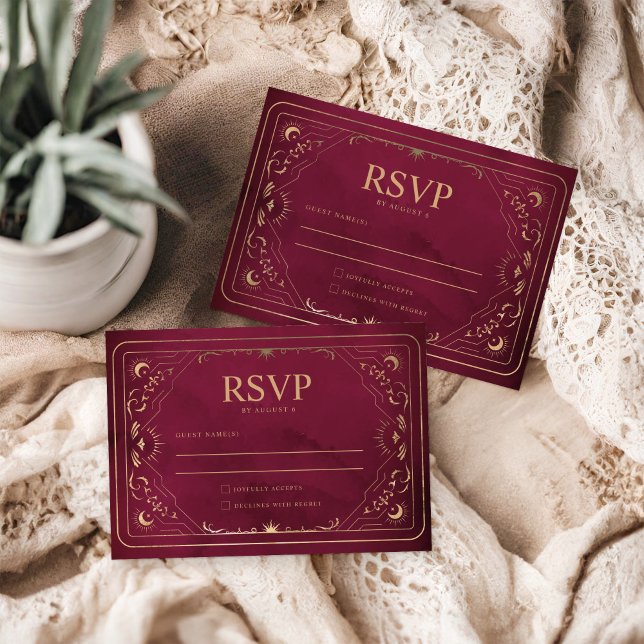 Burgundy & Faux Gold Tarot Celestial Wedding RSVP Card (Creator Uploaded)