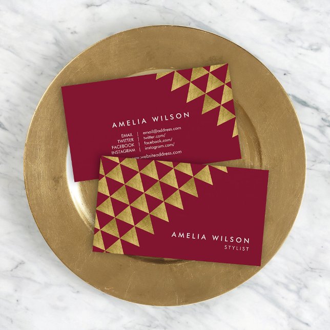 Burgundy Faux Gold Triangles Stylist Social Media Business Card (Creator Uploaded)