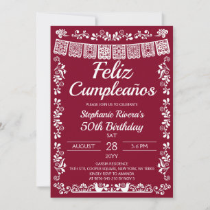 Burgundy Feliz Cumpleaños 50th Birthday Invitation