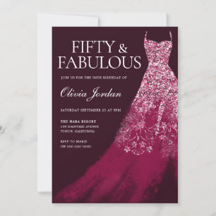 Burgundy Fifty & Fabulous Gown 50th Birthday Party Invitation