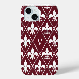 Burgundy Fleur de Lis w/ monogram iPhone 15 Case