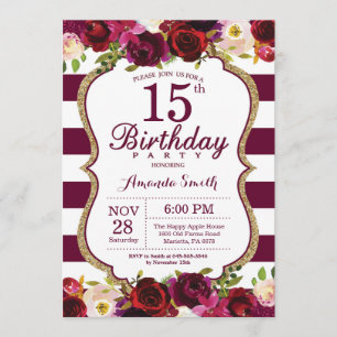Burgundy Floral 15th Birthday Party Invitation
