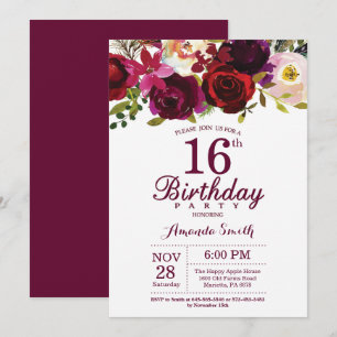 Burgundy Floral 16th Birthday Party Invitation