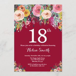 Burgundy Floral 18th Birthday Invitation