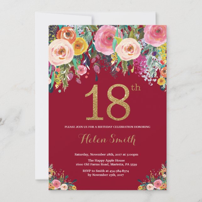 Burgundy Floral 18th Birthday Invitation Gold (Front)