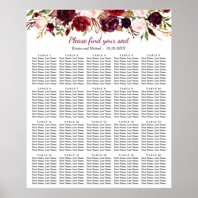 Burgundy Floral 20 Tables Wedding Seating Chart (Front)