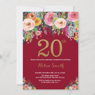 Burgundy Floral 20th Birthday Invitation Gold