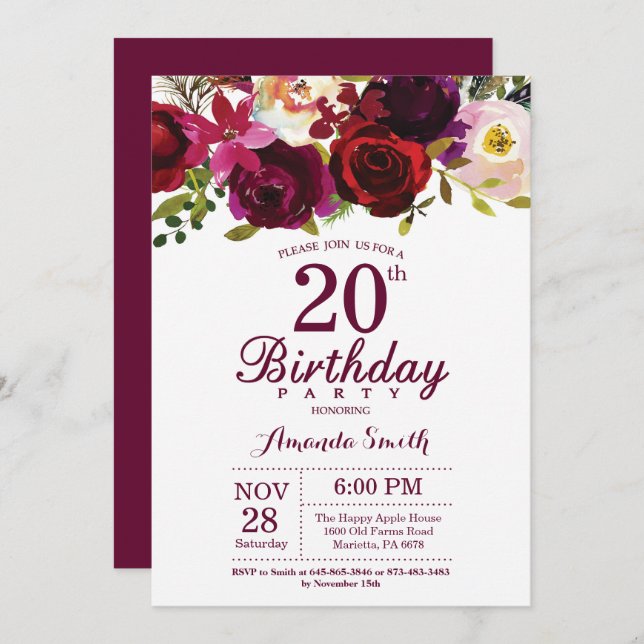 Burgundy Floral 20th Birthday Party Invitation (Front/Back)