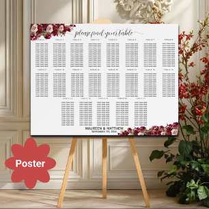 Burgundy Floral 21 Tables Wedding Seating   Poster