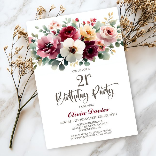 Burgundy Floral 21st Birthday Party Invitation (Creator Uploaded)