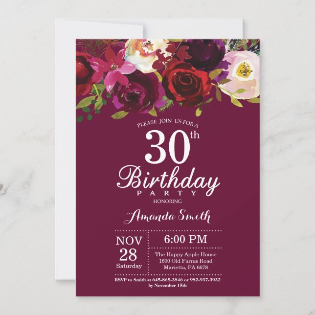 Burgundy Floral 30th Birthday Party Invitation (Front)