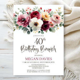 Burgundy Floral 40th Birthday Brunch Invitation
