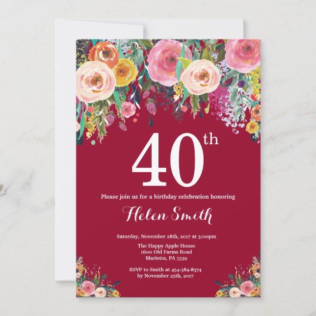 Burgundy Floral 40th Birthday Invitation (Front)
