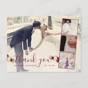 Burgundy Floral 4 Photo Collage Wedding Thank You Postcard