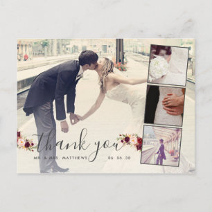 Burgundy Floral 4 Photo Collage Wedding Thank You Postcard