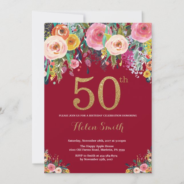 Burgundy Floral 50th Birthday Invitation Gold (Front)