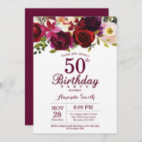 Burgundy Floral 50th Birthday Party Invitation