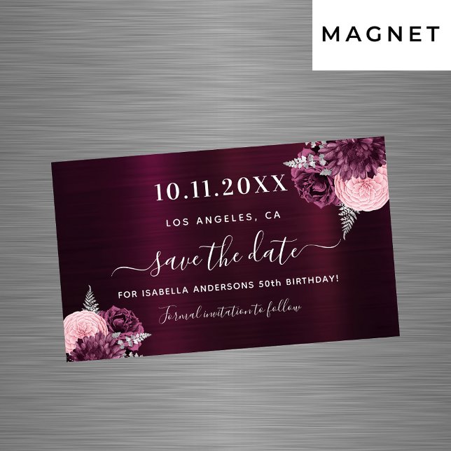 Burgundy floral 50th birthday Save the Date magnet (Creator Uploaded)