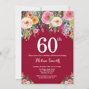 Burgundy Floral 60th Birthday Invitation