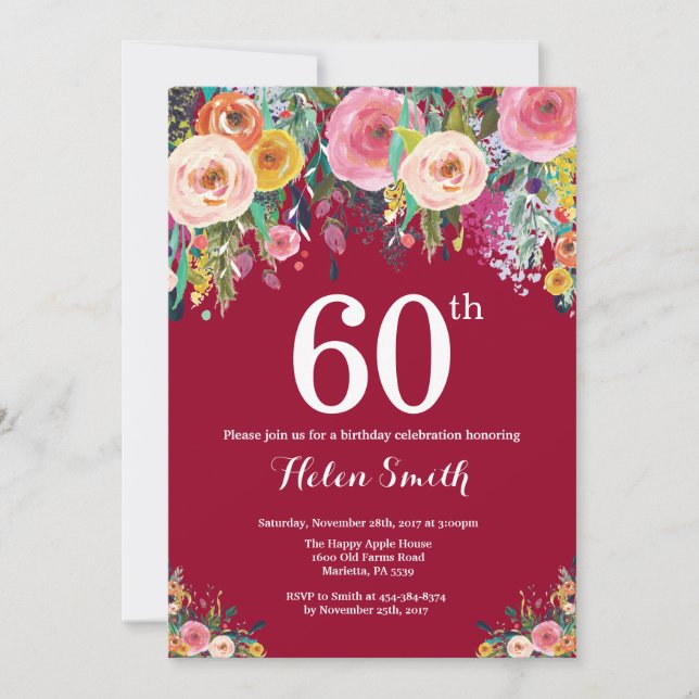 Burgundy Floral 60th Birthday Invitation (Front)