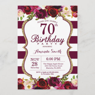 Burgundy Floral 70th Birthday Party Invitation