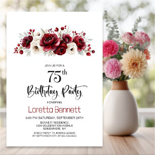Burgundy Floral 75th Birthday Party Invitation