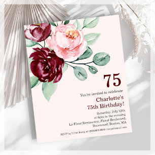 Burgundy Floral 75th Budget Birthday Invitation