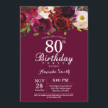 Burgundy Floral 80th Birthday Party Invitation<br><div class="desc">Burgundy Floral 80th Birthday Party Invitation for women. Burgundy Red Birthday Party Invite. Burgundy Watercolor Floral Flower. 13th 15th 16th 18th 20th 21st 30th 40th 50th 60th 70th 80th 90th 100th. For further customisation,  please click the "Customise it" button and use our design tool to modify this template.</div>