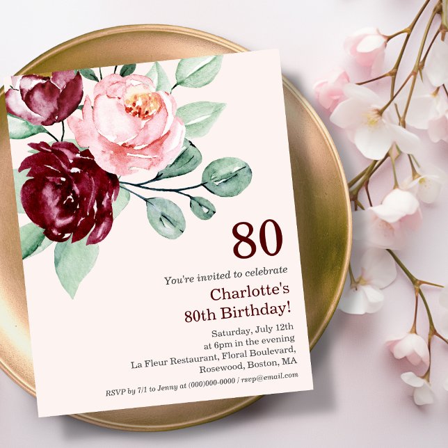 Burgundy Floral 80th Budget Birthday Invitation (Creator Uploaded)