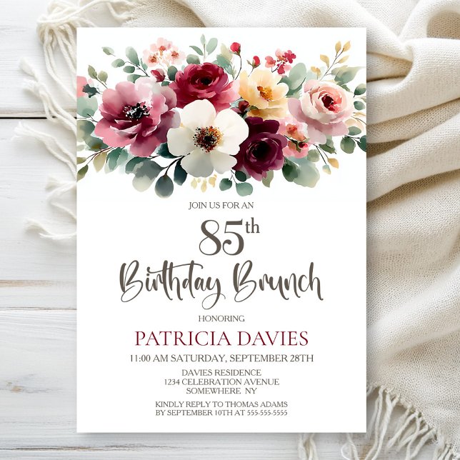 Burgundy Floral 85th Birthday Brunch Invitation (Creator Uploaded)