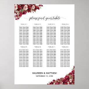 Burgundy Floral 8 Tables Wedding Seating   Poster