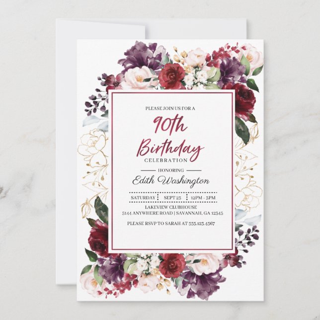 Burgundy Floral 90th Birthday Invitation (Front)